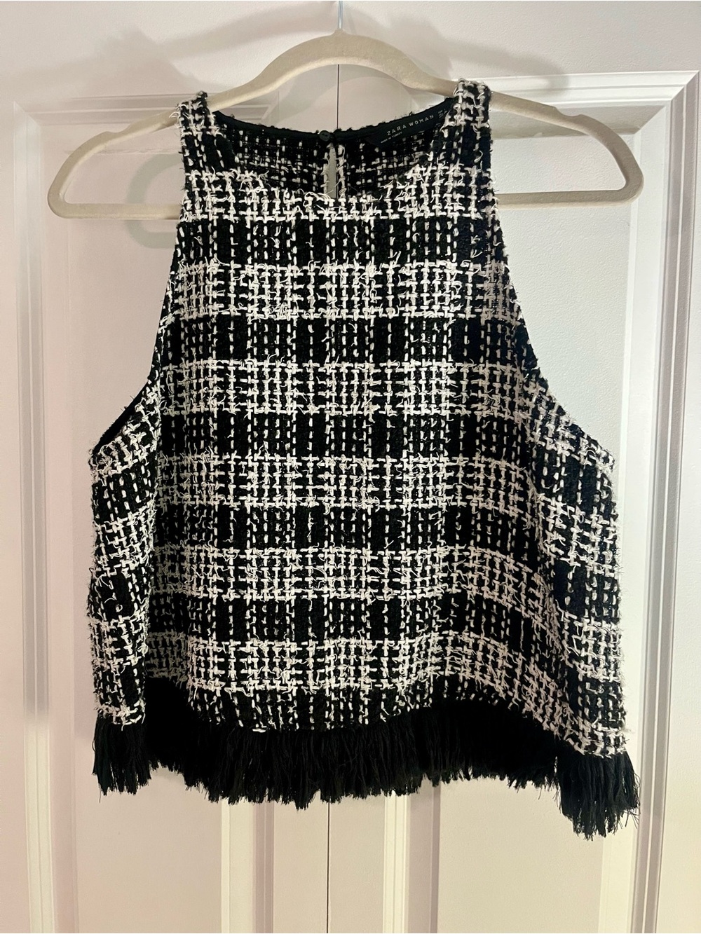Zara Black & White Tweed Fringe Top - Size Large